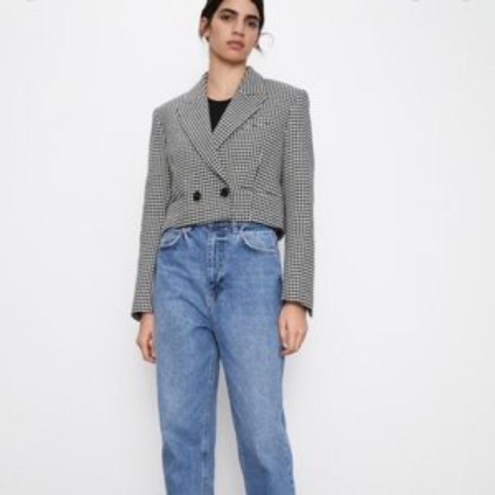 Zara Black and White Herringbone Cropped Blazer